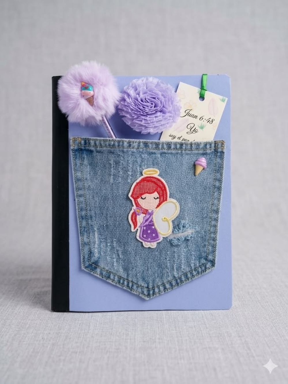 Notebook with Denim Pocket & Angel Patch Includes A Pom Pom Pen And A Bookmarks